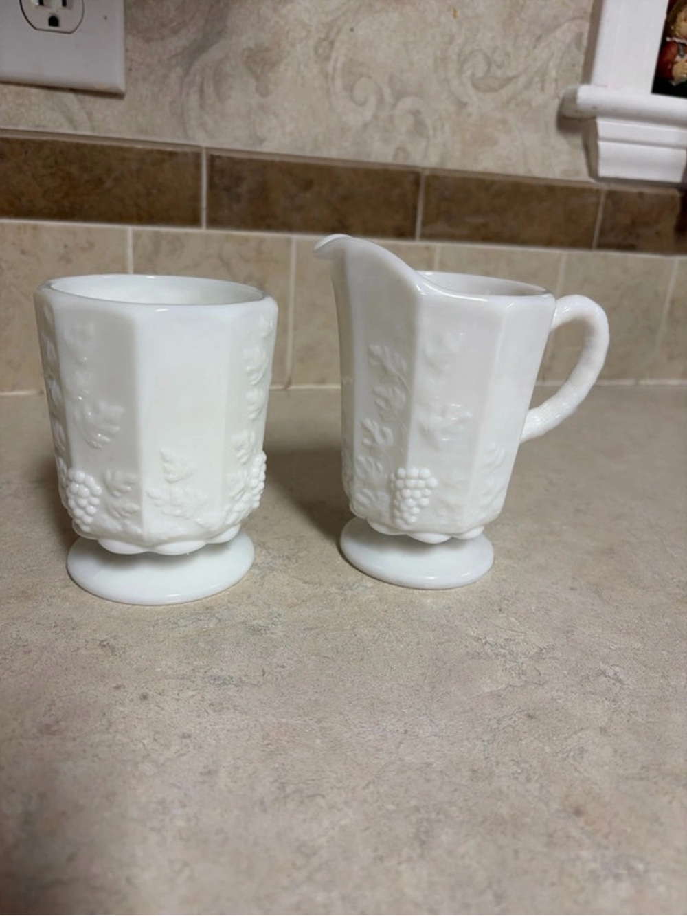 White Milk Glass Creamer and Sugar Set - Elegant Grape Pattern